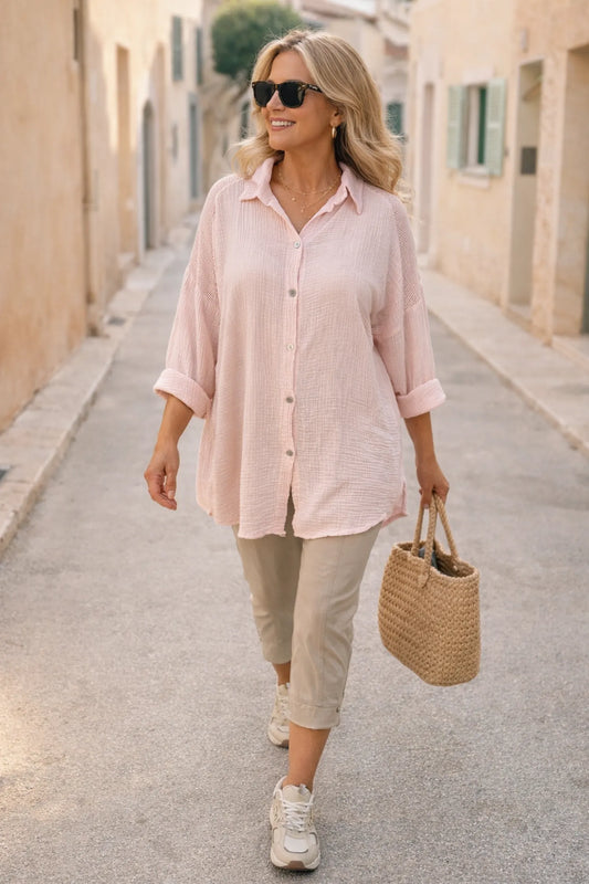 Pure Bubble Cotton Mesh Sleeve/Back Detail Celeste Button Shirt - Baby Pink