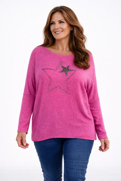 Soft Knit Sparkle Star Batwing Essela Top - Cerys Pink