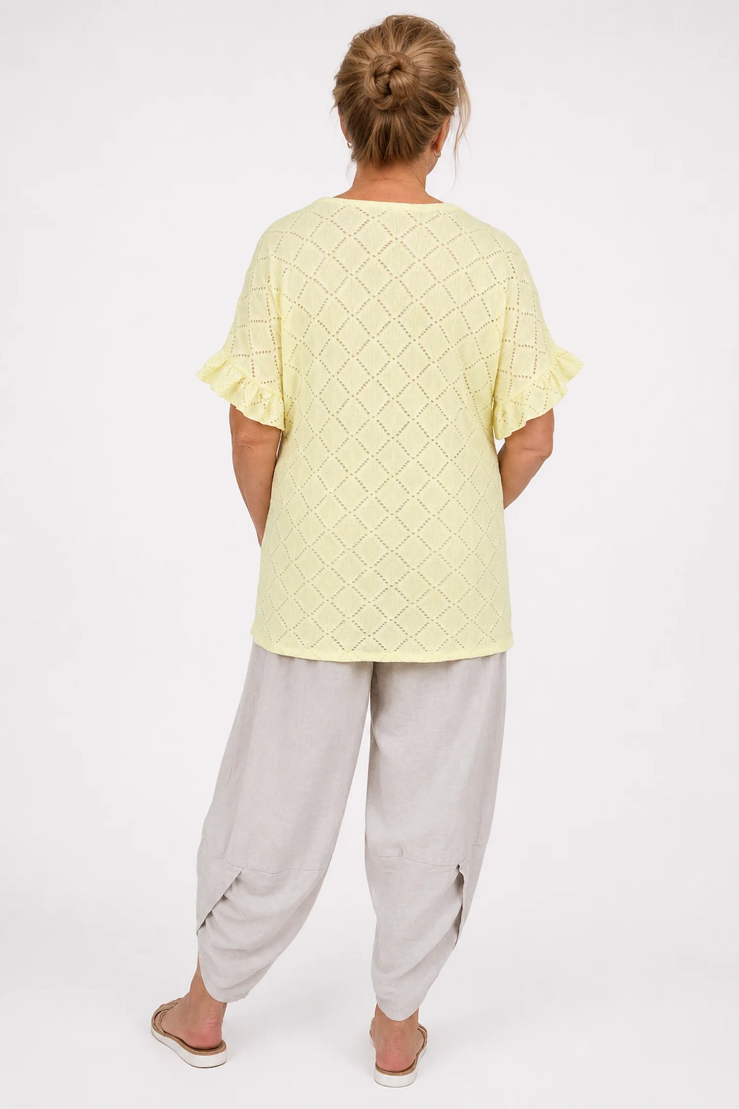 Lightly Textured Frill Sleeve Giana Necklace Top - Lemon