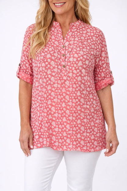 Linen Look Cotton Button Sleeve Daisy Button Shirt - Coral