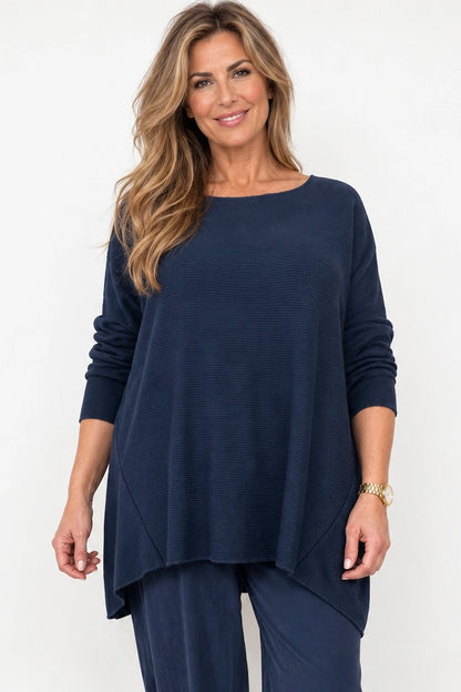 Wool Mix Ribbed Knit Porto Top - Navy