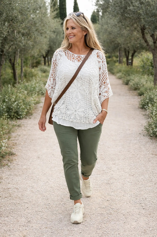 Pure Cotton Francesca Floral Crochet - White