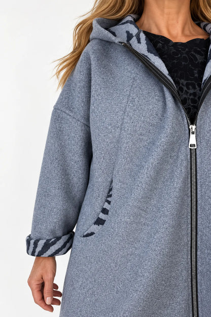 Double Pocket Zipped Contrast Animal Print Lined Valentina Brushed Hooded Coat - Denim