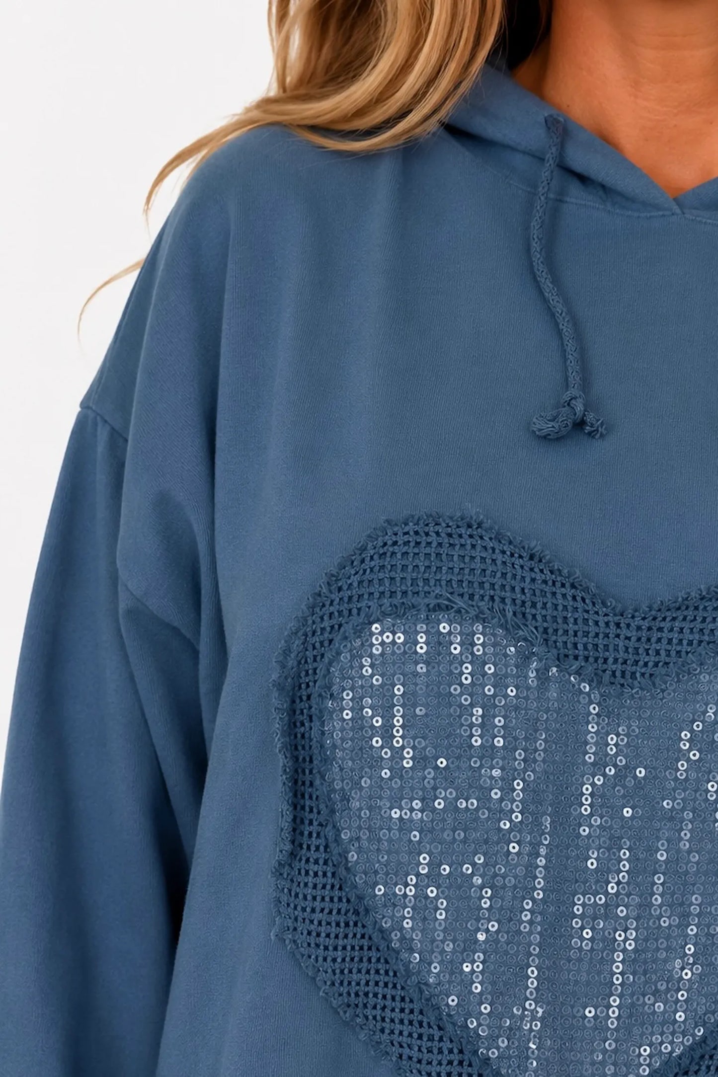 Cotton Sequin Heart Veronica Hoodie - Denim