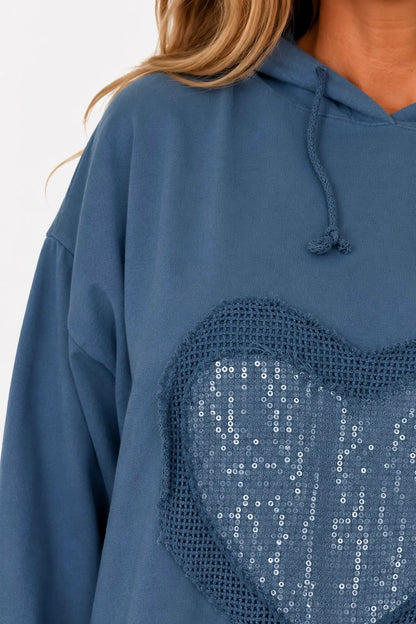 Cotton Sequin Heart Veronica Hoodie - Denim