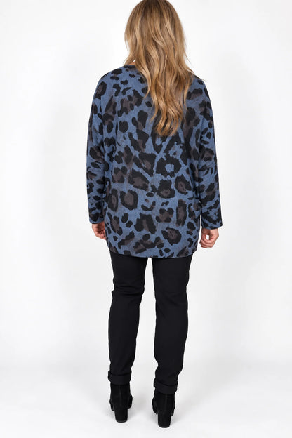 Fine Knit Carly Leopard Top - Midnight Blue