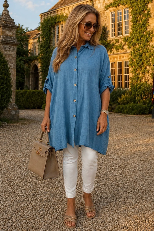 Pure Cotton Button Sleeve Cressida Button Shirt - Denim