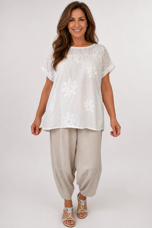Pure Cotton Floral Embroidery Anglaise Clarissa Top - White