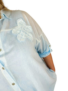 Pure Cotton Alessandra Flower Back Detail Button Sleeve Shirt - Baby Blue