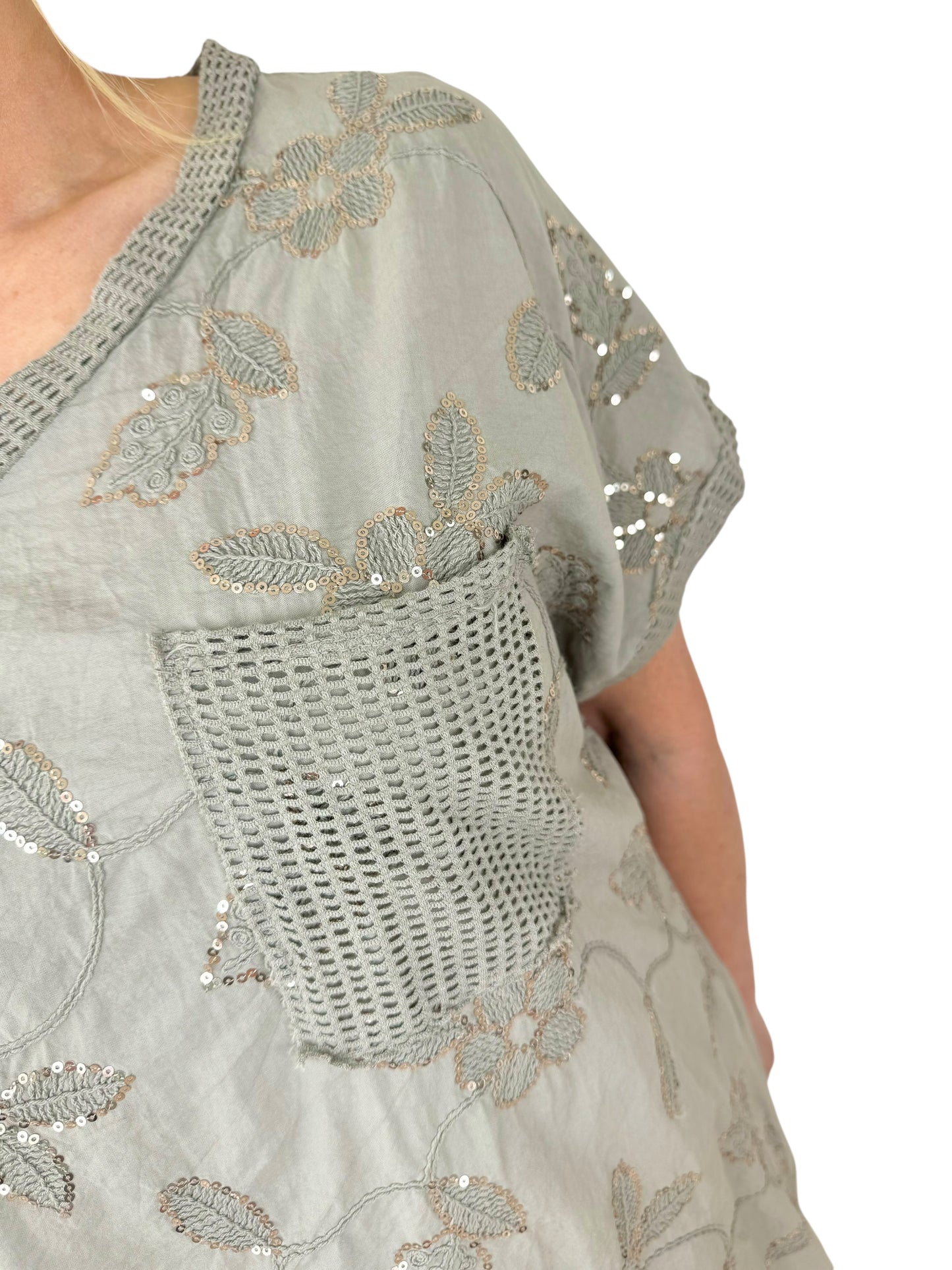 Pure Cotton Crochet Detail Gold Sequin Pocket Andriana Top - Mocha