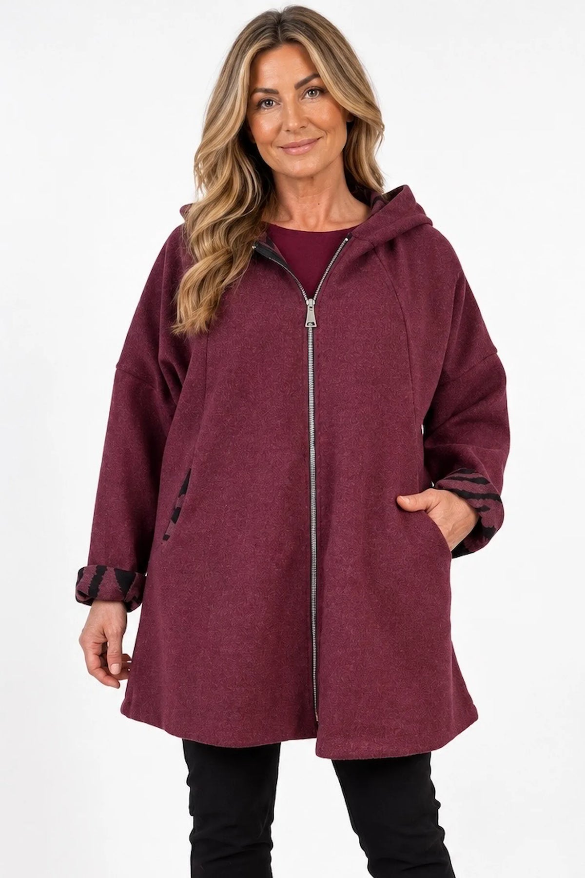 Double Pocket Zipped Contrast Animal Print Lined Valentina Brushed Hooded Coat - Italia Wine