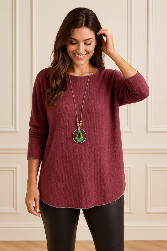 Ribbed Knit Silver Lining Veronica Necklace Top - Wine