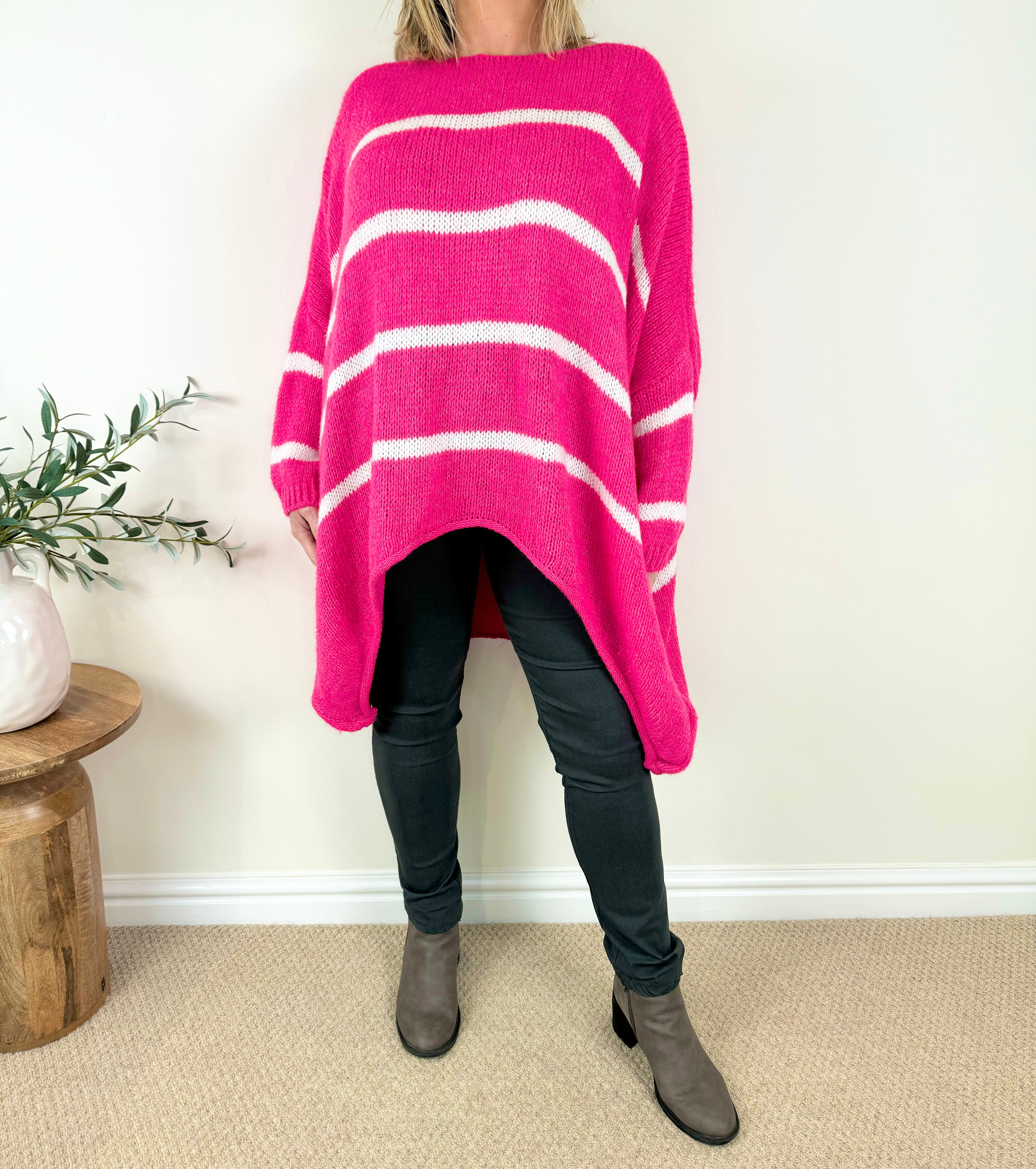 Wool Mix Premium Chunky Knit Striped Vali Jumper AW24 - Lipstick Pink