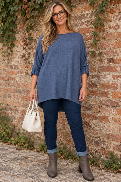 Fine Knit Button Sleeve Batwing Angelica Top - Denim