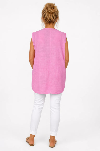 Pure Cotton Mesh Detail Rosetta Pocket Cap Sleeve Top - Lipstick Pink