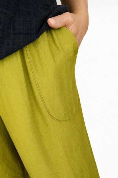 Elasticated Smocked Waist Patch Pocket Milan Wide Leg Pants - Sun-Ripened Olive Green