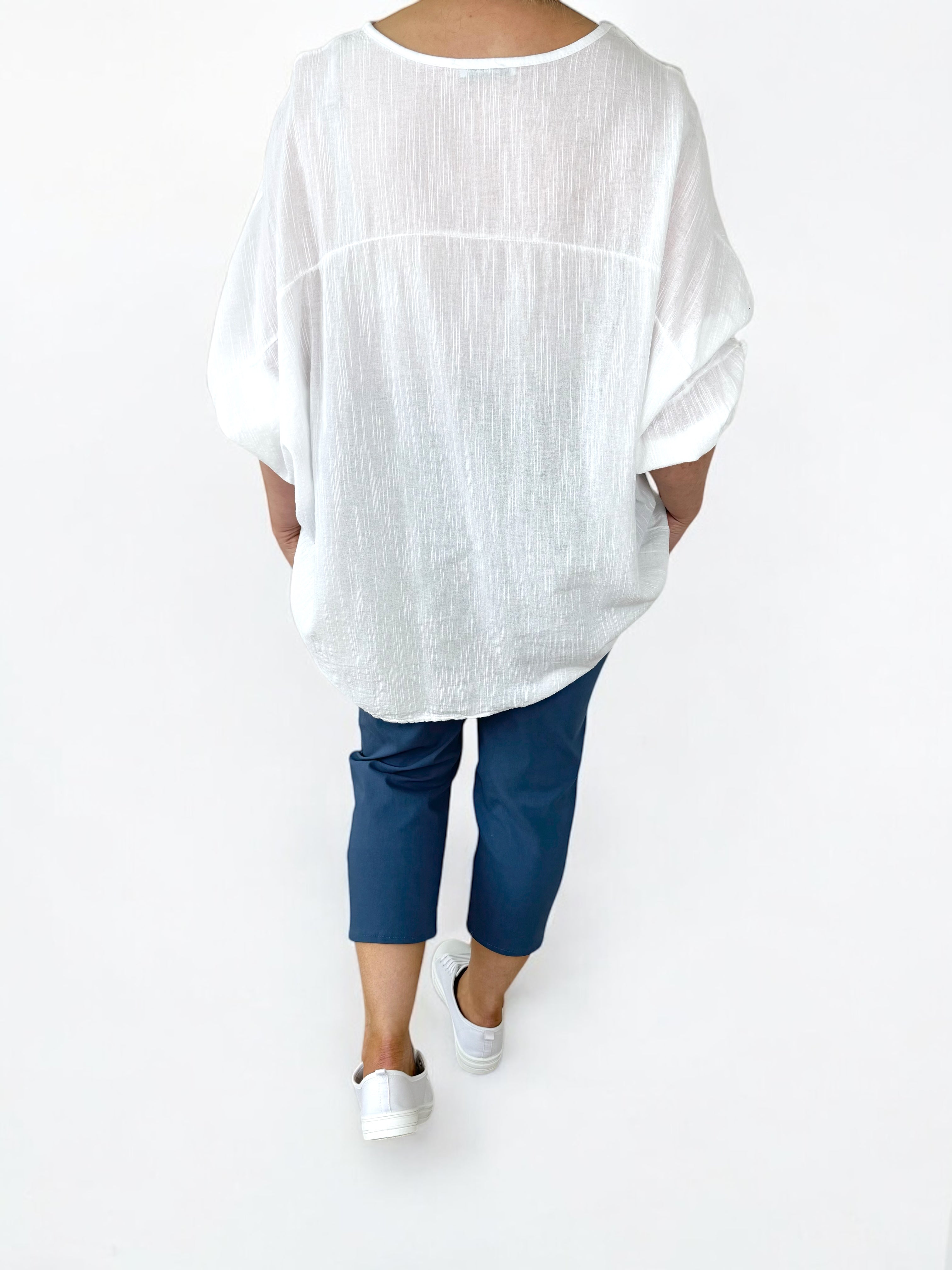 Cotton Sparkle Star Siana Button Sleeve Batwing Top - White