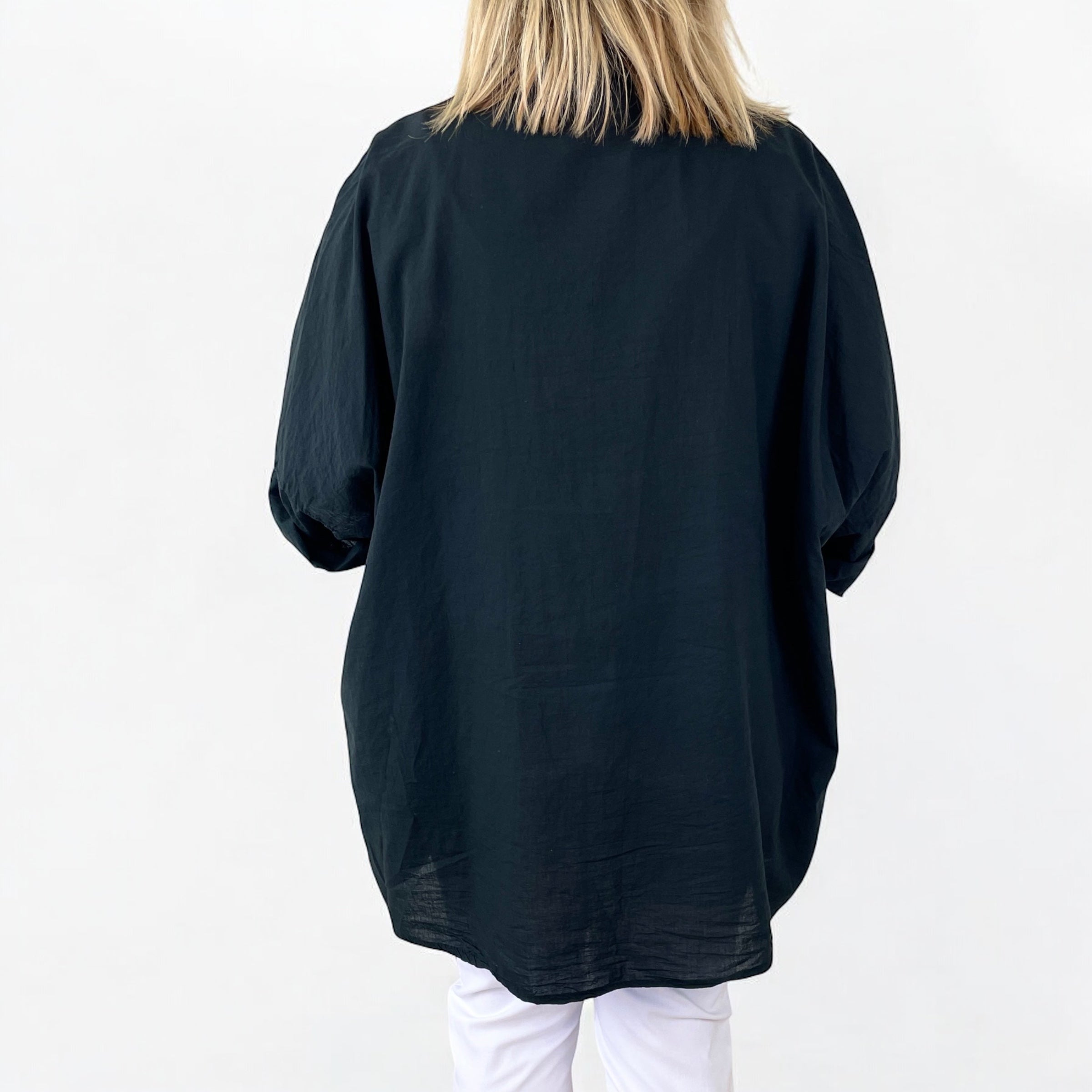 Cotton Oversized Embroidery Anglaise Button Sleeve Shirt - Black