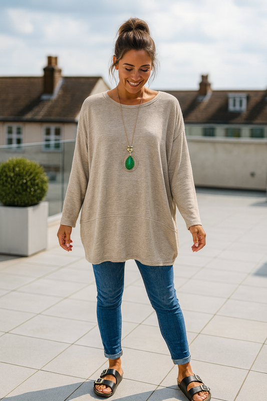 Soft Knit Silver Line Diana Necklace Top - Oatmeal
