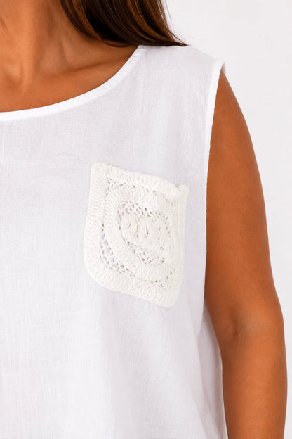 Linen Cotton Mix Button Back Embroidered Crochet Pocket Primrose Vest - White