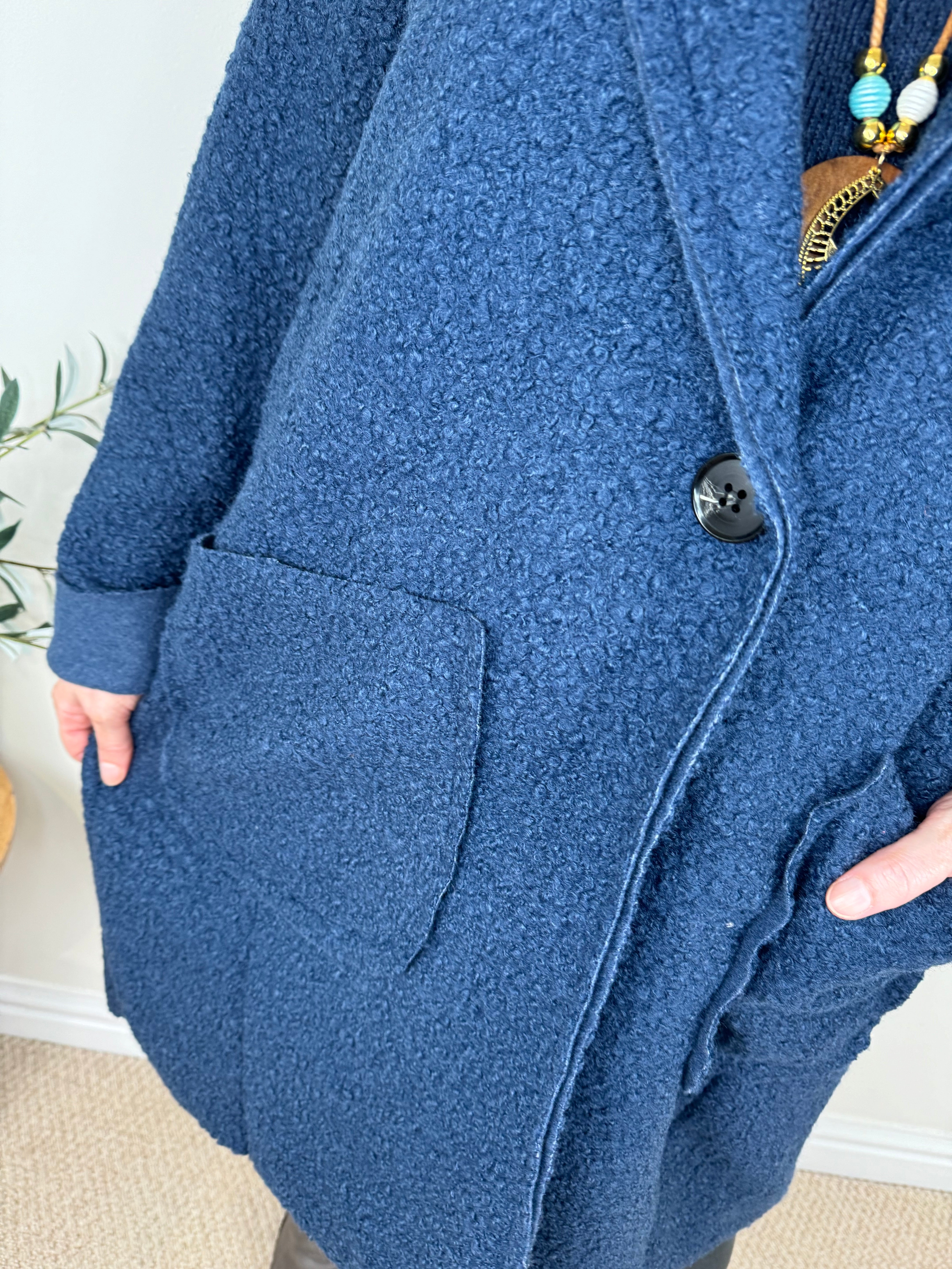 Wool Mix Long Line Double Pocket Teddy Button Coat AW24