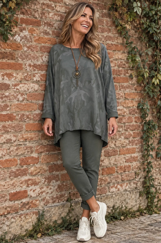 Cotton Raw Edge Hem Catia Camo Necklace Top - Muted Khaki