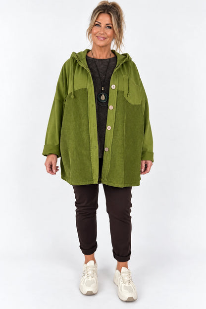 Pure Cotton Cord Patch Pocket Connie Button Hooded Jacket - Lime Green