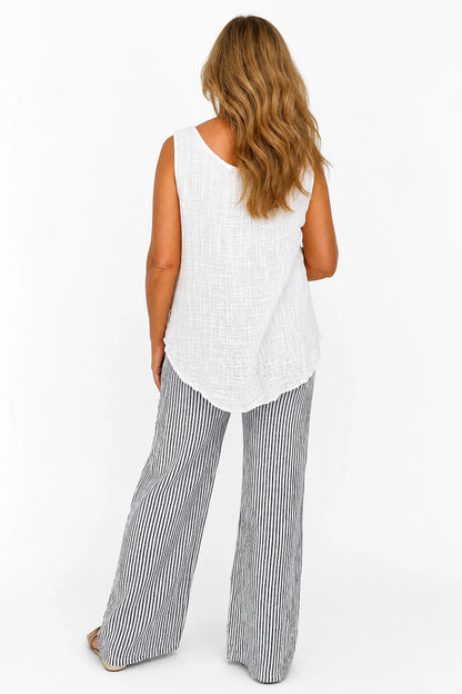 Pure Cotton Double Pocket Elasticated Waist Viera Stripe Pants - White