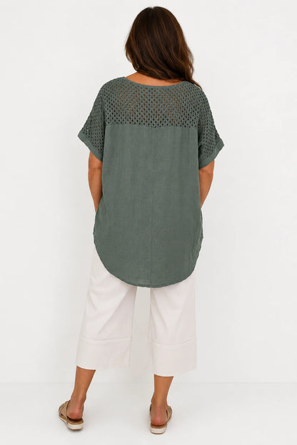 Pure Cotton Crochet Detail Francesca Necklace Top - Khaki