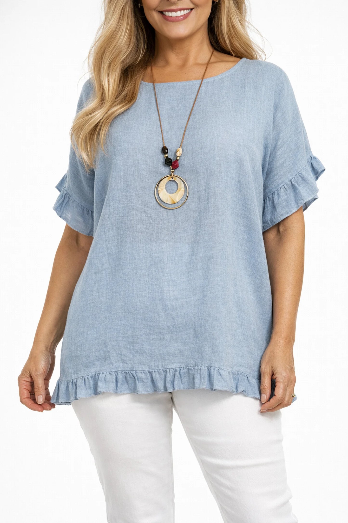 Linen Cotton Mix Frill Sleeve And Hem Iris Necklace Top - Washed Light Denim