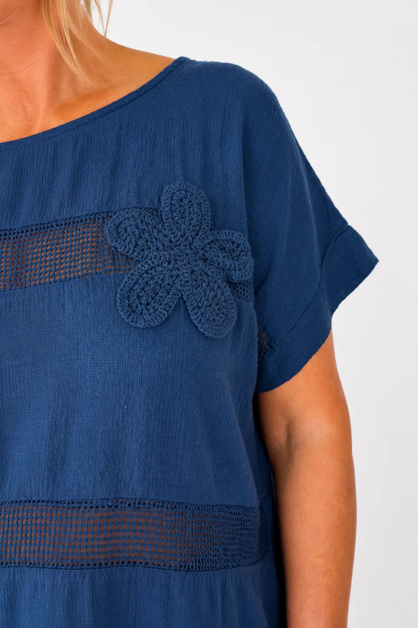 Pure Cotton Embroidered Flower Mesh Detail Capari Top - Navy