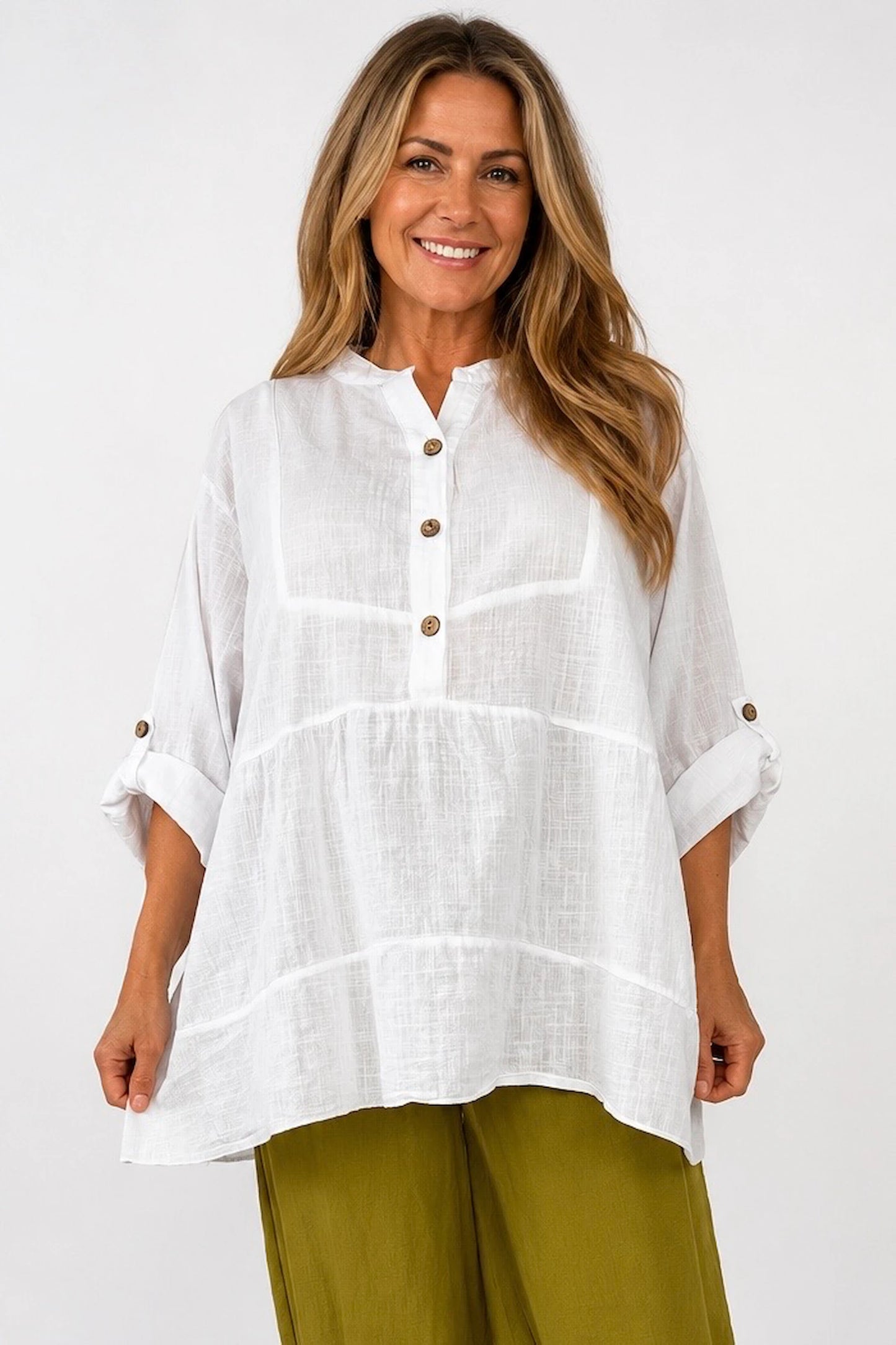 Linen Cotton Blend Button Sleeve Monica Button Shirt - White