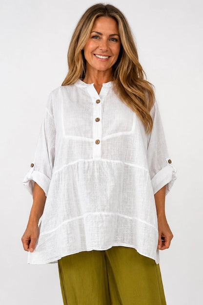 Linen Cotton Blend Button Sleeve Monica Button Shirt - White