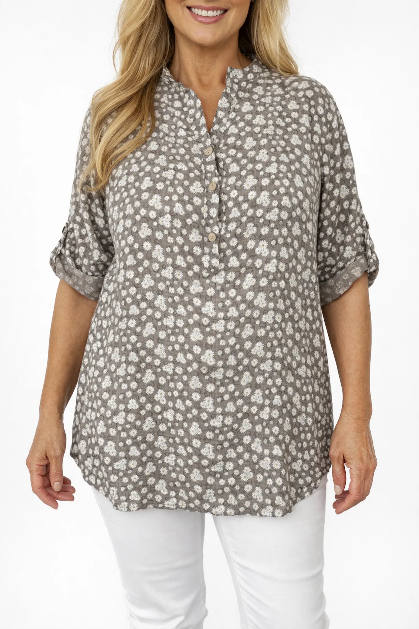 Linen Look Cotton Button Sleeve Daisy Button Shirt - Mocha