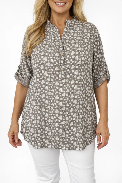 Linen Look Cotton Button Sleeve Daisy Button Shirt - Mocha