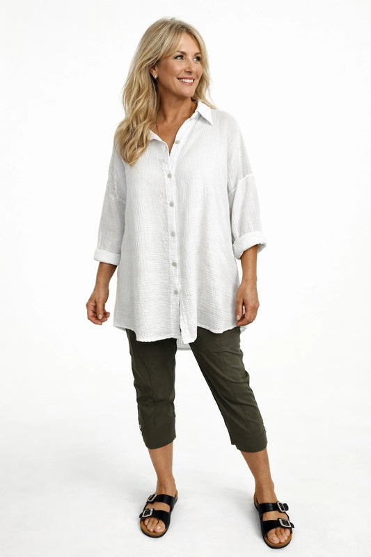 Pure Bubble Cotton Mesh Sleeve/Back Detail Celeste Button Shirt - White