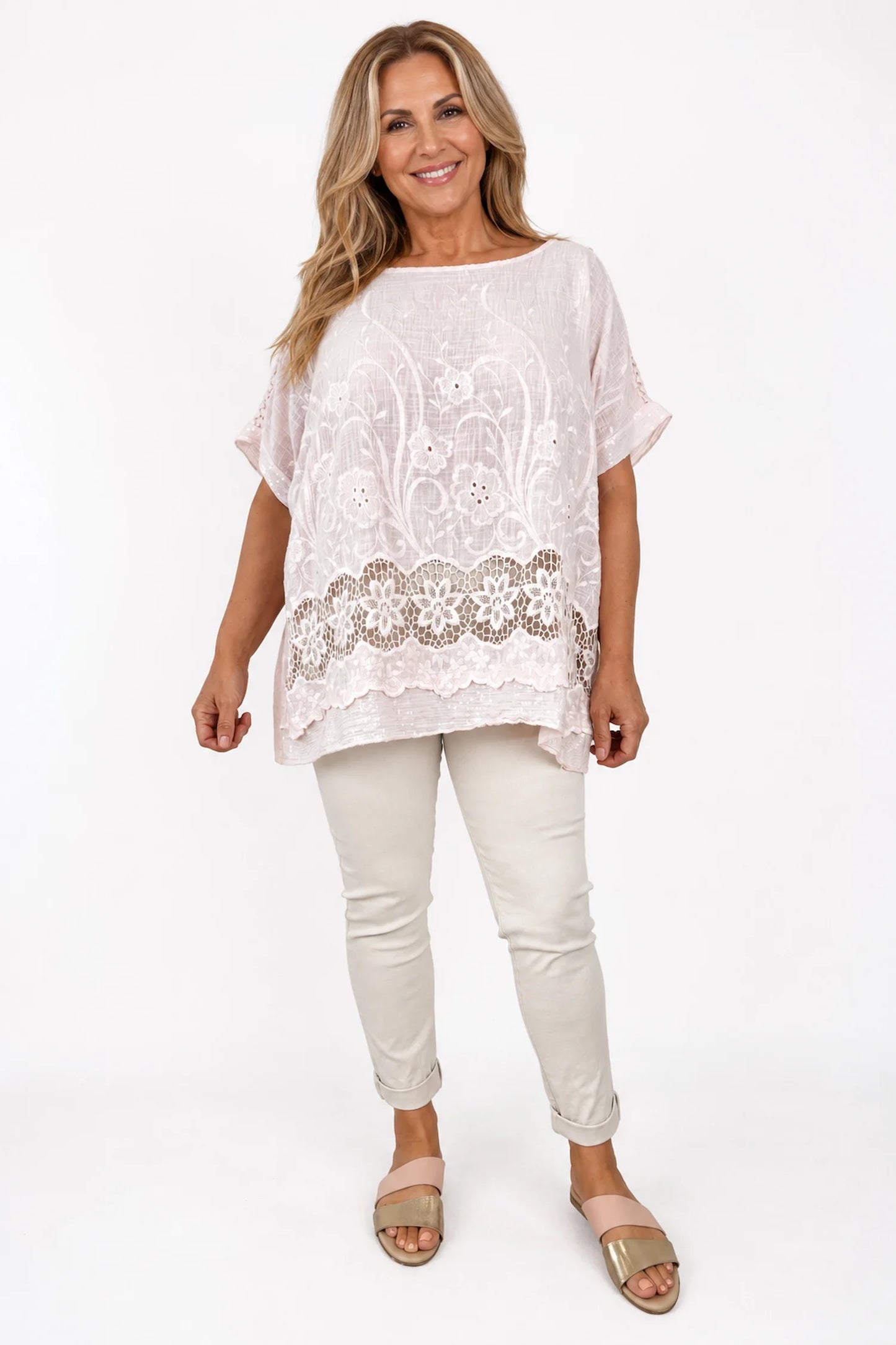 Cotton Crochet Detail Embroidery Anglaise Sequin Hem/Sleeve Selina Top - Baby Pink