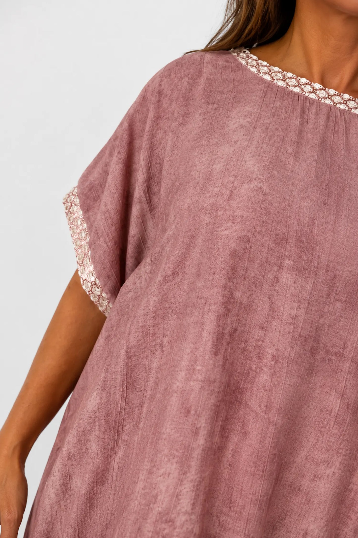 Crochet Lattice Trim Lightly Textured Marsi Top - Washed Vintage Rose