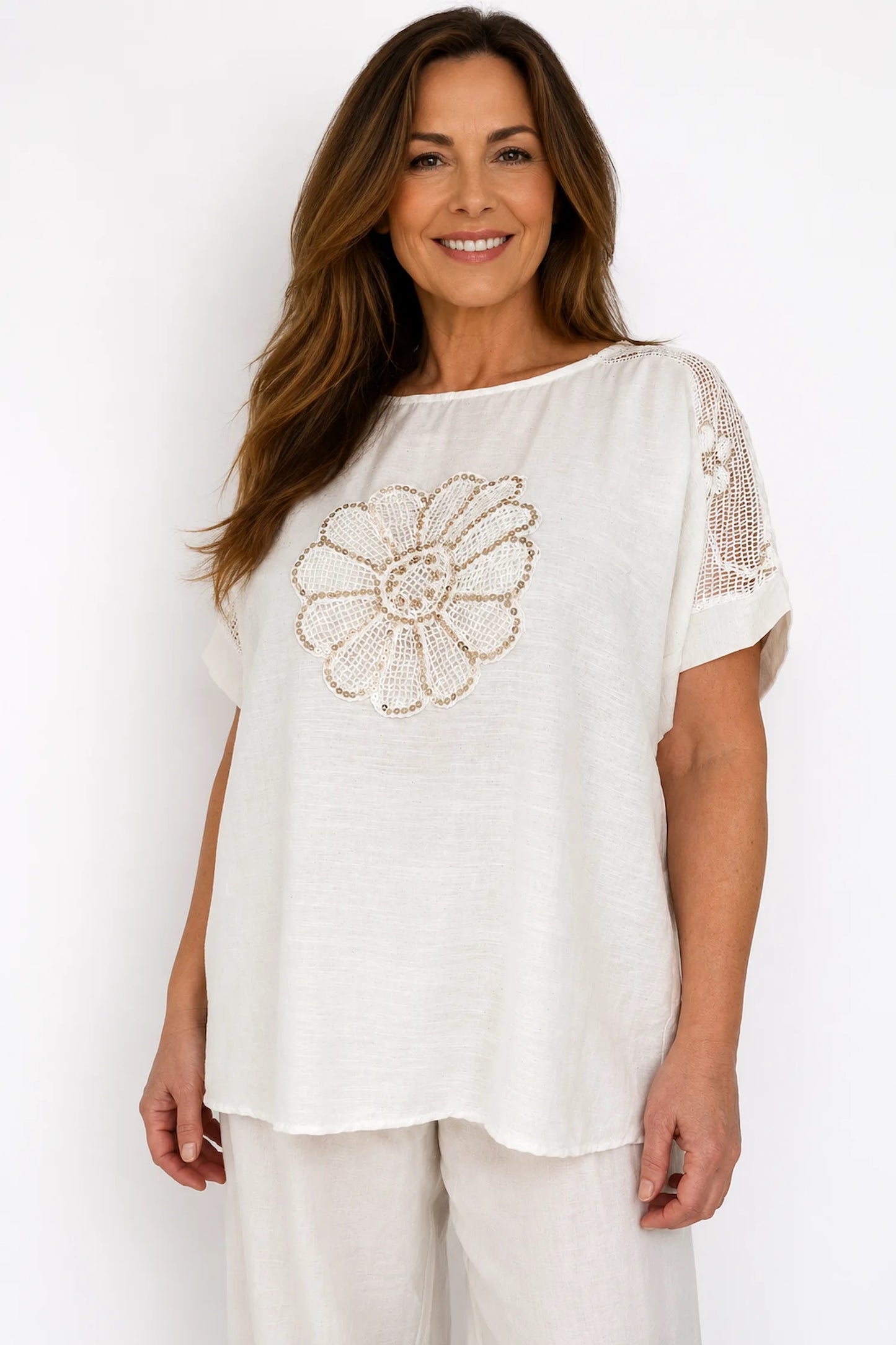 Linen Mix Sequin Floral Mesh Sleeve Detail Sophia Top - Natural Cream