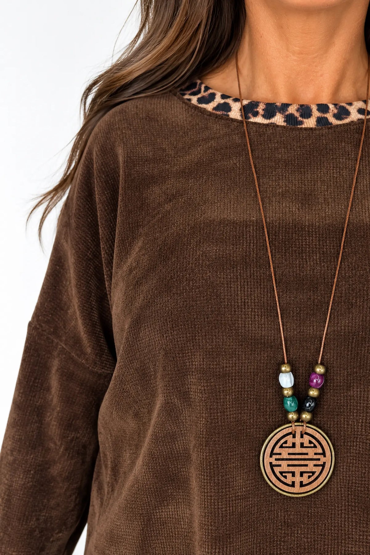 Bella Leopard Line Chenille Necklace Top - Chocolate