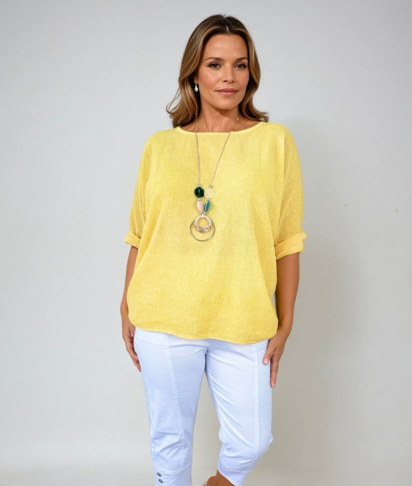 Linen Mix Acid Wash Necklace Top - Sunrise Yellow