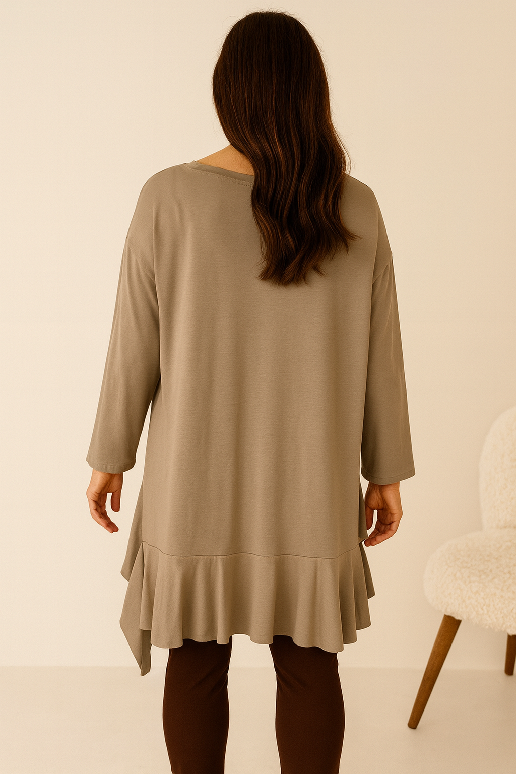 Cotton Raw Edge Frill Hem Veronica Top - Mocha