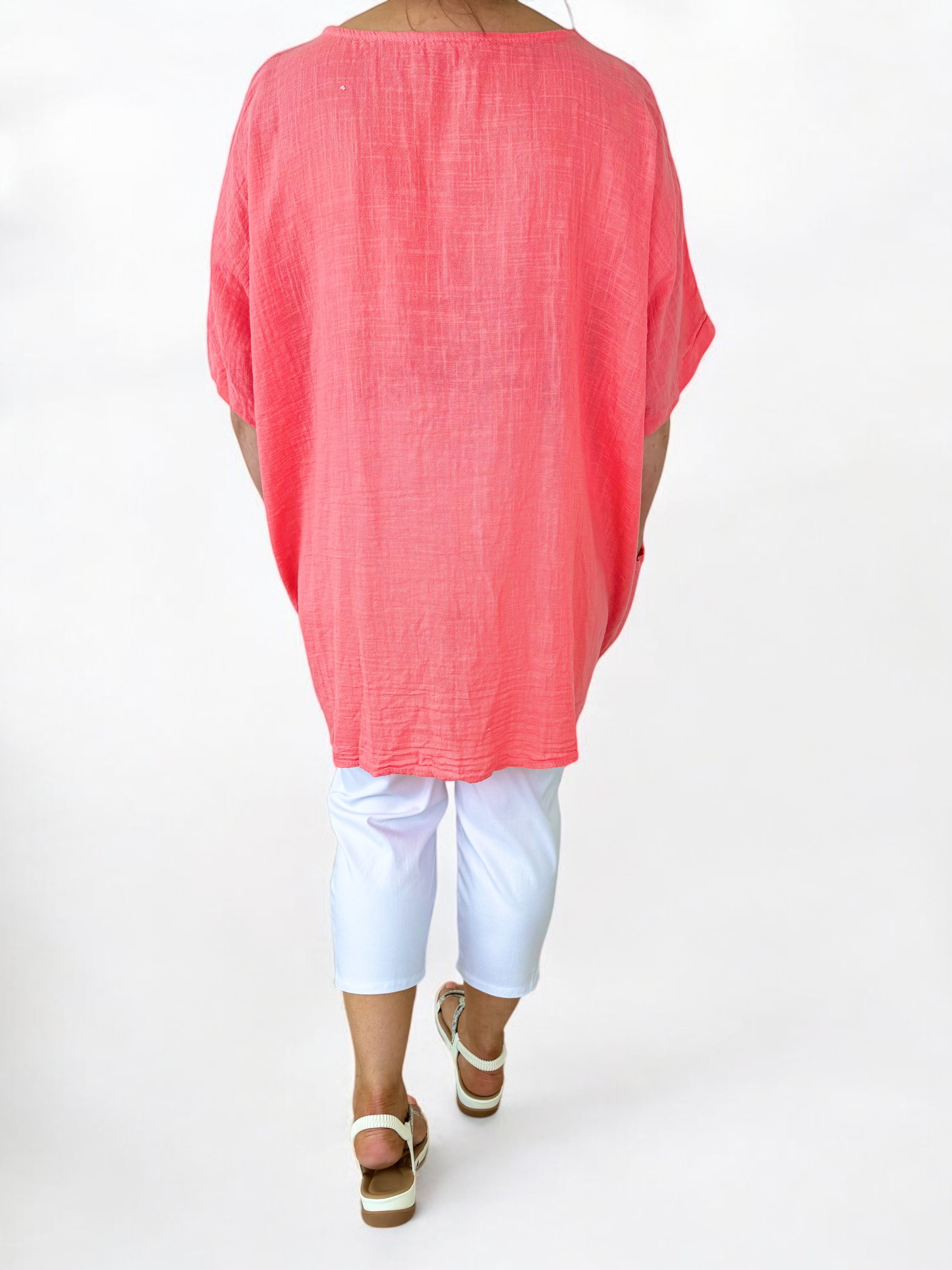 Pure Cotton Double Pocket Marlin Necklace Top - Coral