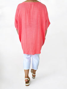 Pure Cotton Double Pocket Marlin Necklace Top - Coral