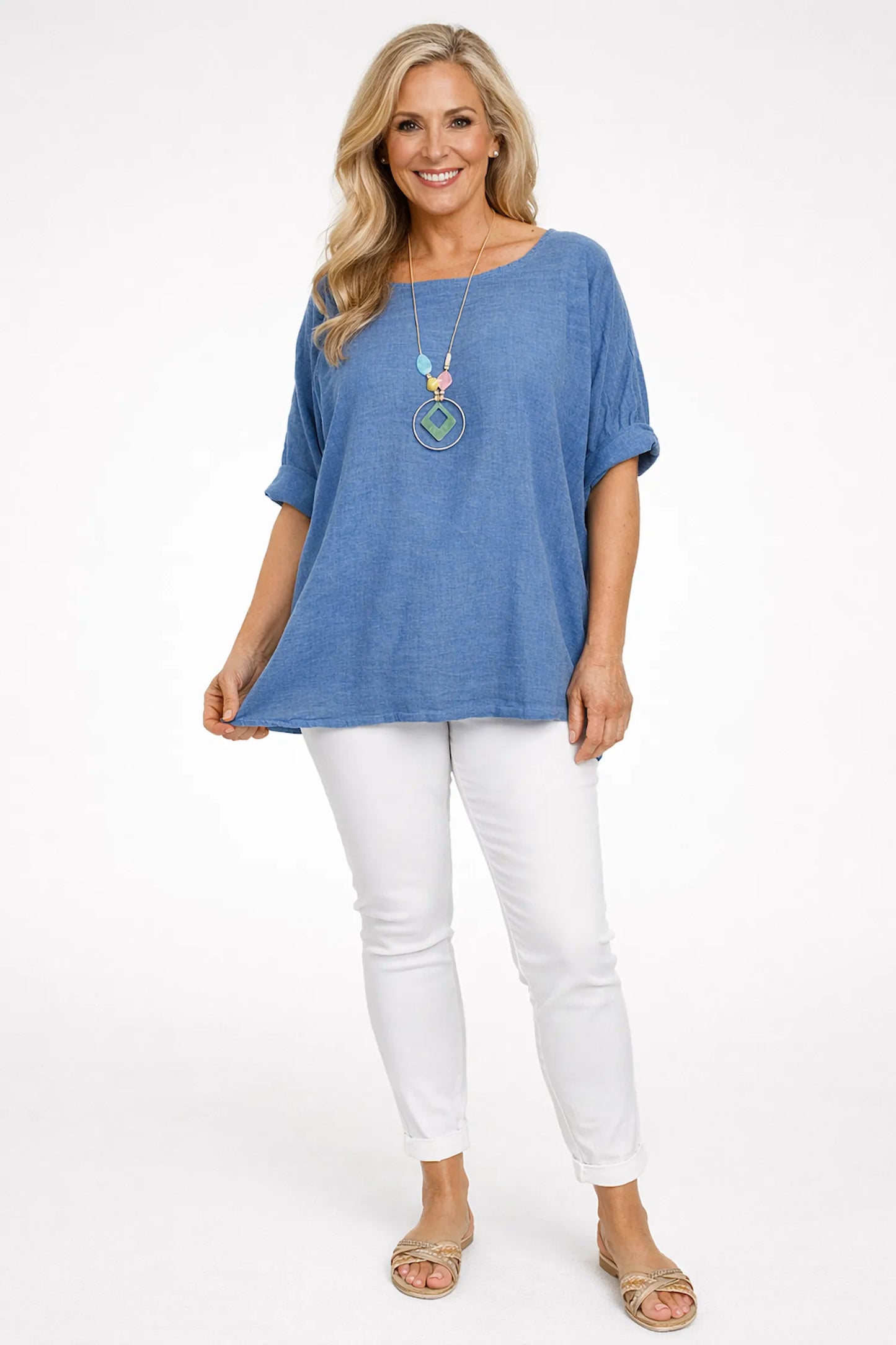 Linen Cotton Mix Azuria Necklace Top - Washed Denim
