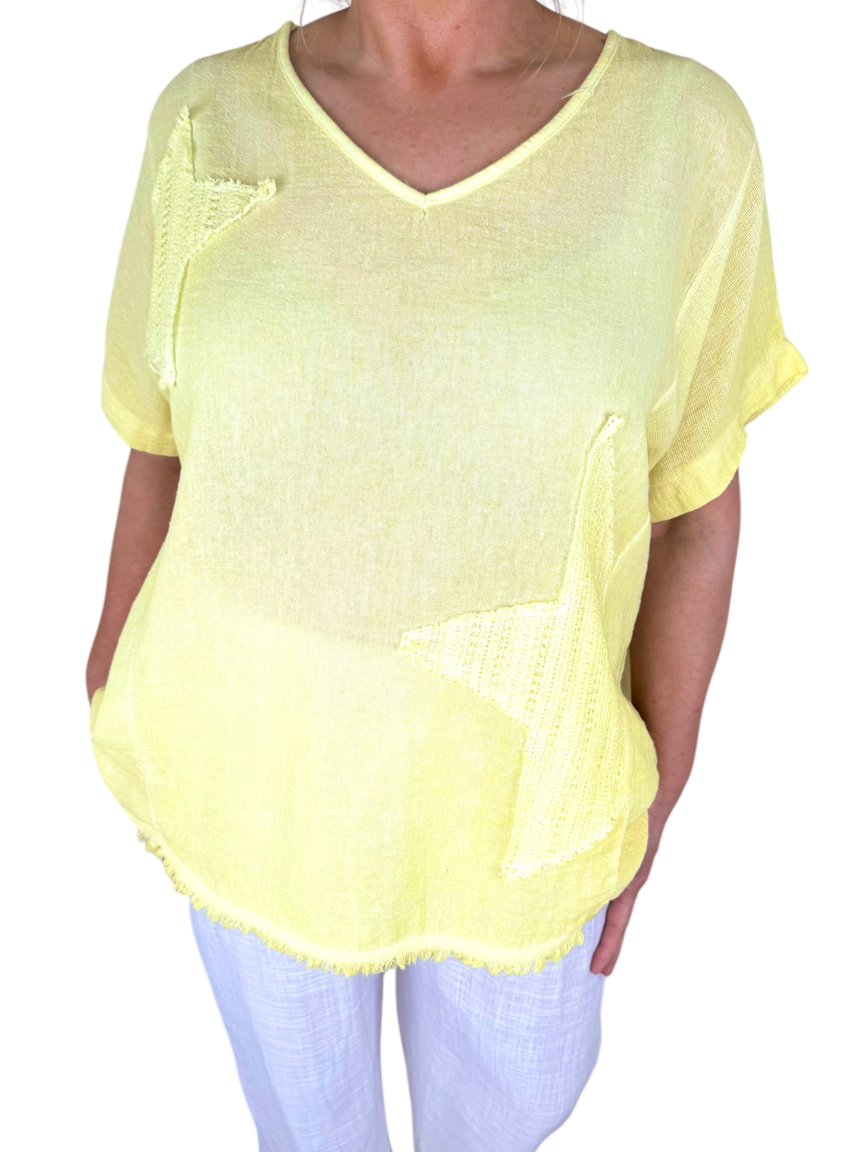 Linen Mix Washed Cotton Rugged Bottom Miala Top - Lemon