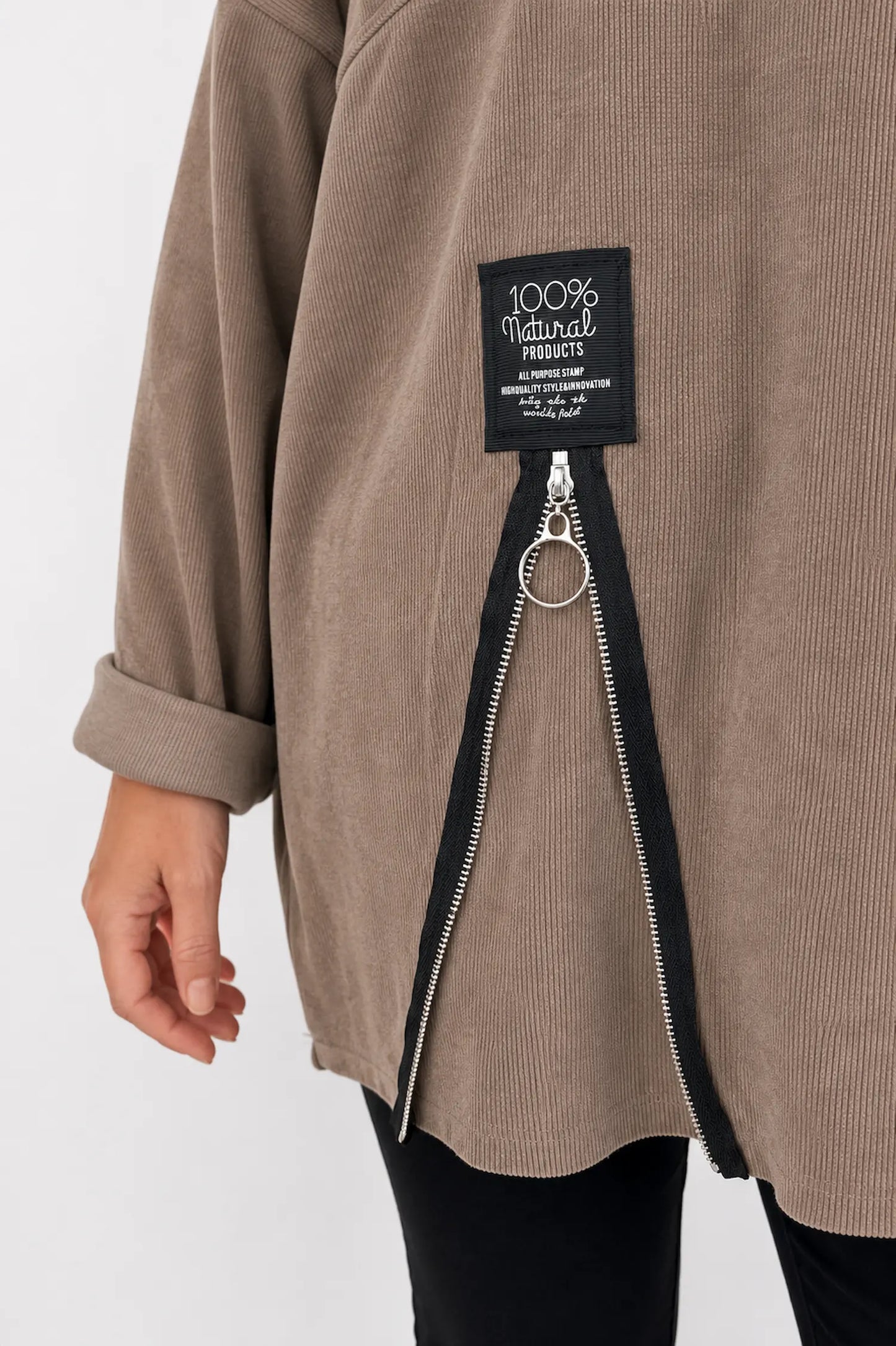 Zipped Hem Badge Detail Ciello Chenille Pocket Top - Mocha