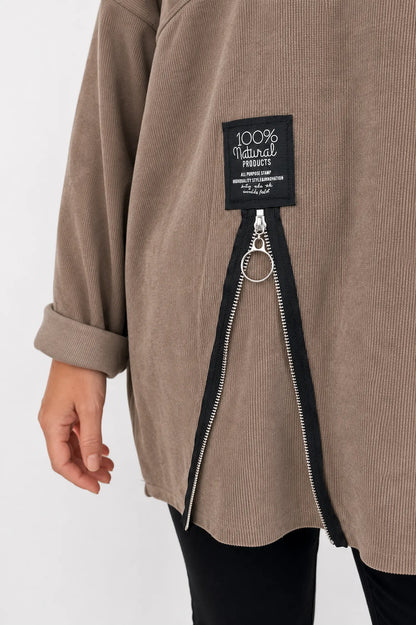 Zipped Hem Badge Detail Ciello Chenille Pocket Top - Mocha