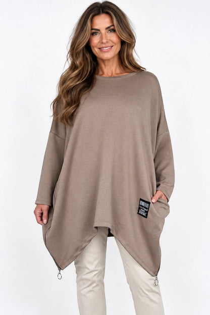 Zipped Hem Badge Detail Double Pocket Lorrie Top - Mocha