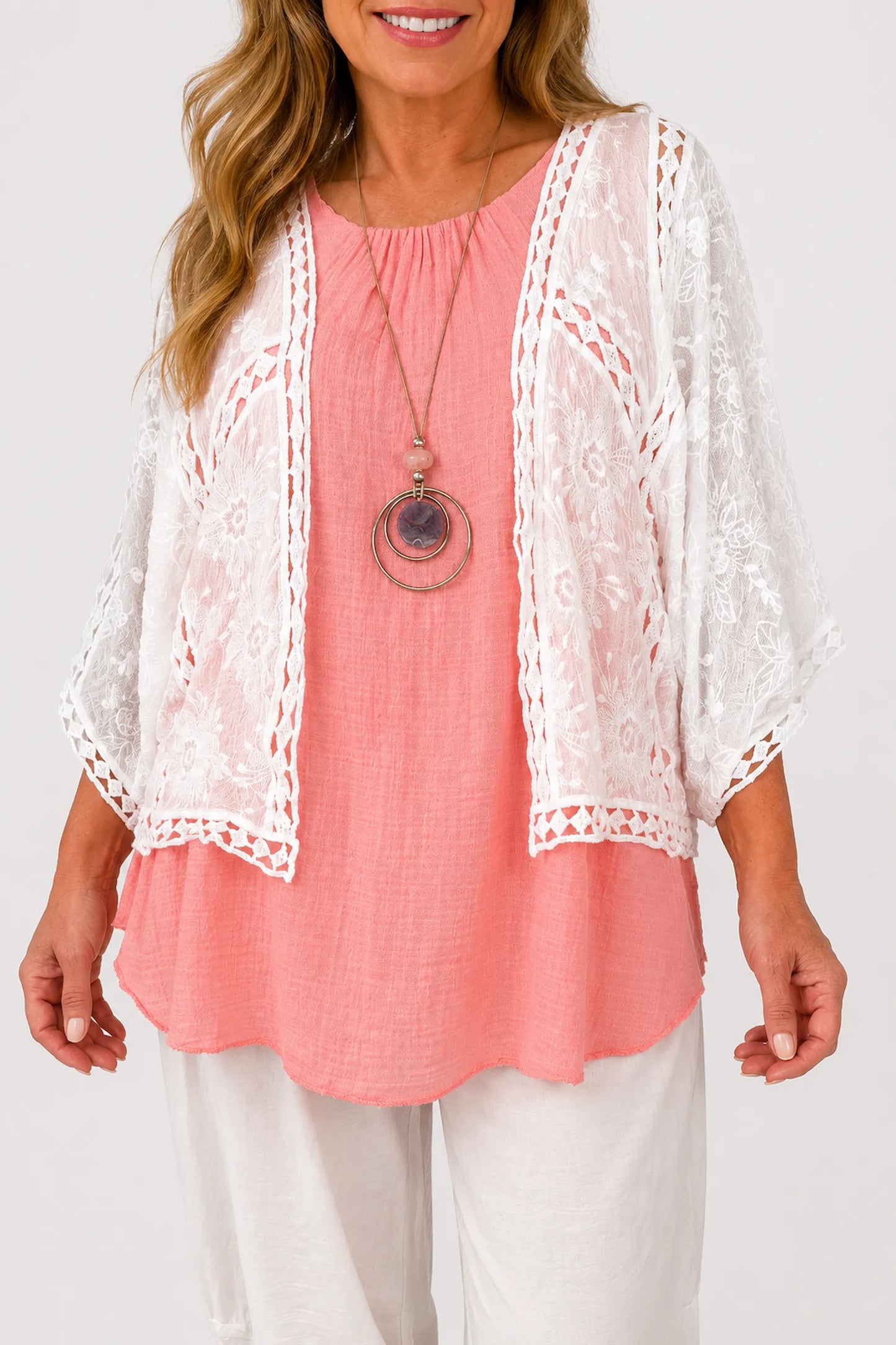 Pure Cotton Embroidery Anglaise Florenzi Batwing Cardigan - White